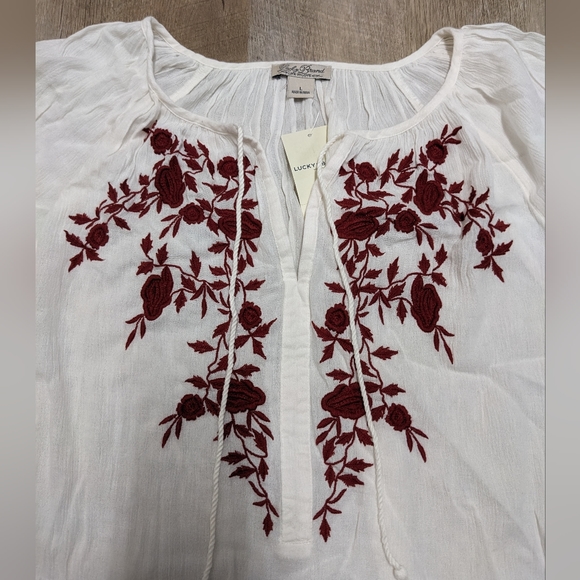 Lucky Brand White Semi Sheer Red Embroidered Chest Blouse New with tags - Picture 2 of 11
